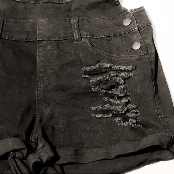 Blue Spice  BLACK Distressed Stretch Denim Bib Overall Cuffed Shorts - Picture 4 of 13